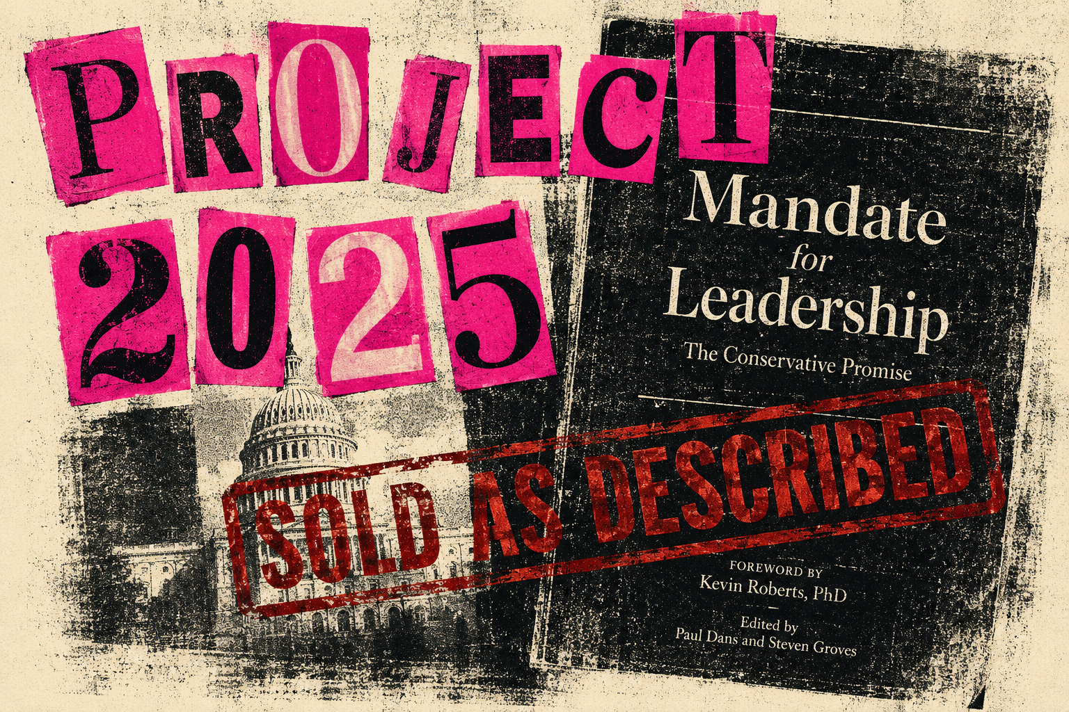 Project 2025 in hot pink ransom note letters over a xeroxed copy of the Mandate for Leadership cover