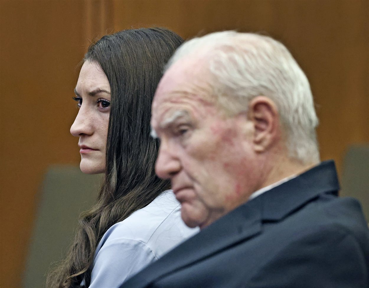 Lindsay Clancy seated at the defense table in Plymouth Superior Court