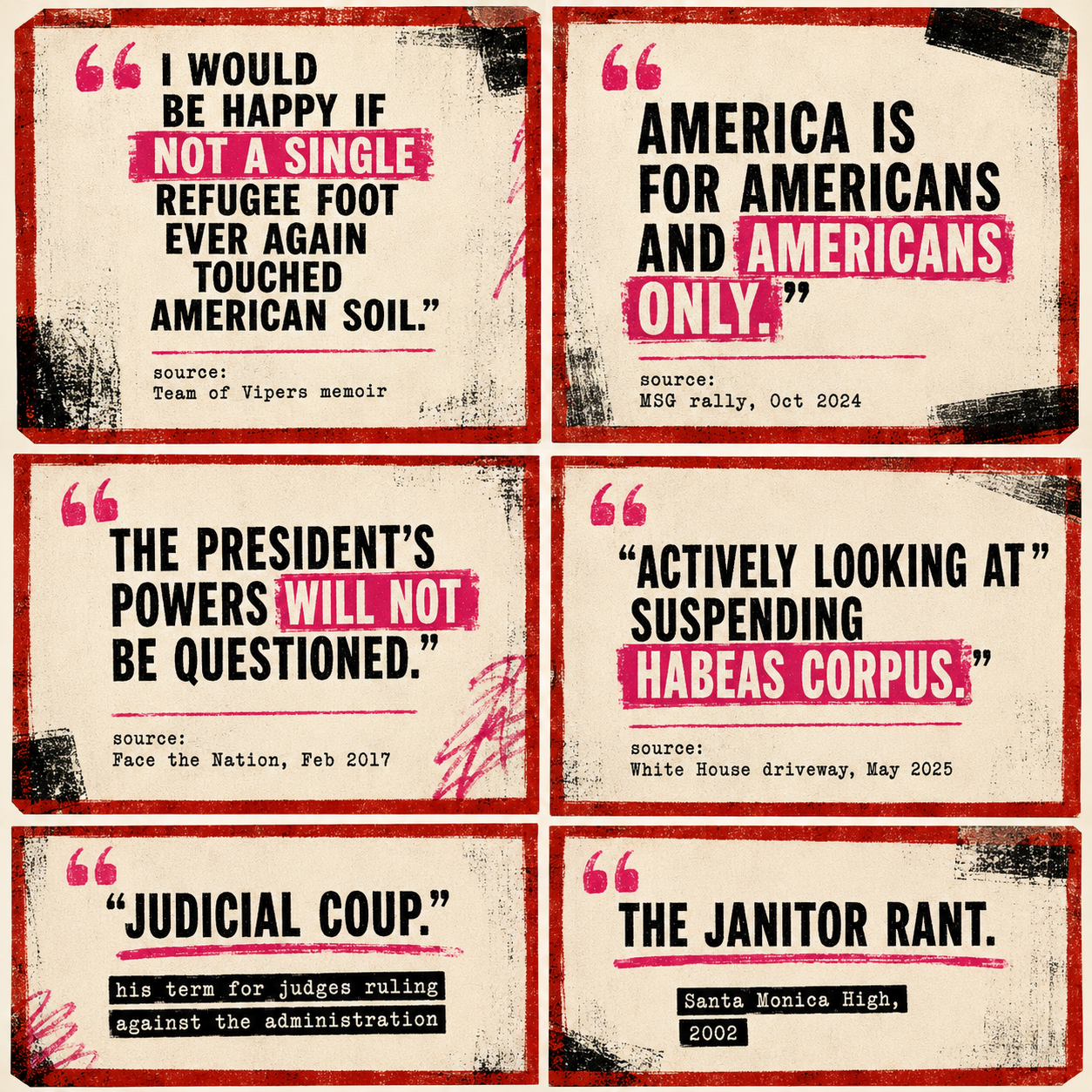 Pull quote card reading I would be happy if not a single refugee foot ever again touched American soil, sourced to Cliff Sims' memoir Team of Vipers